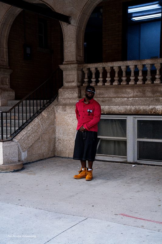 Behind-the-scenes candid portrait, rooftop terrace, Winnipeg