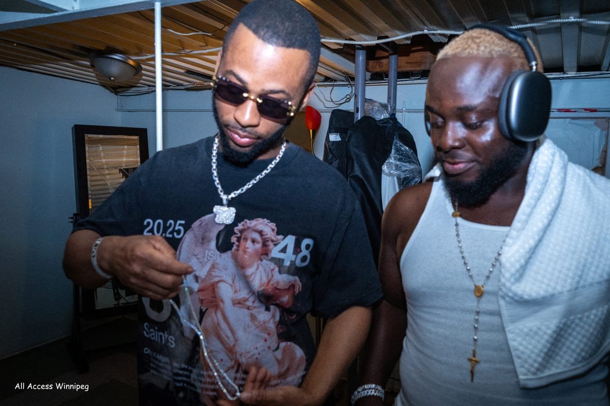 Backstage — two guests comparing jewelry before the show