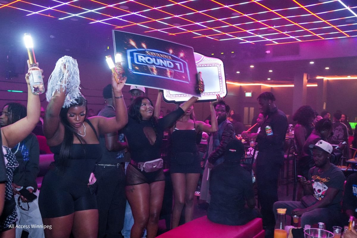 Bottle-service hosts holding up the ROUND 1 sign and sparklers over the crowd